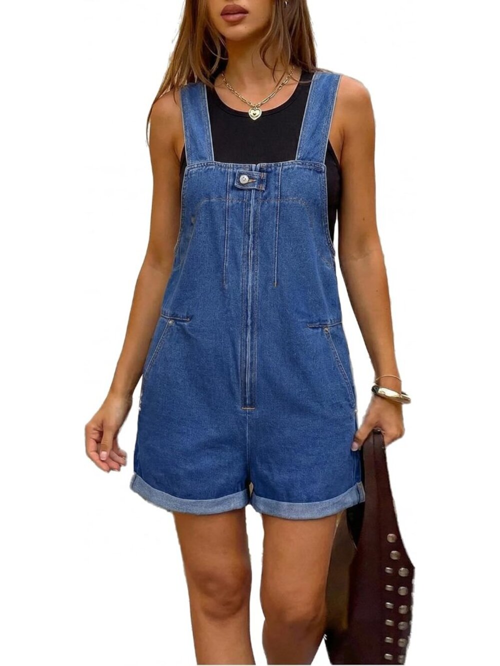 Women's Deep Blue Summer Front Zip Cuffed Hem Shorts Coveralls Denim Jumper